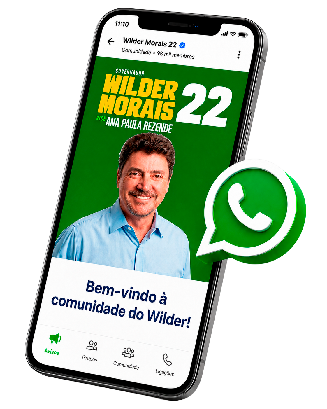 Celular mostrando a comunidade de WhatsApp de Wilder Morais 22